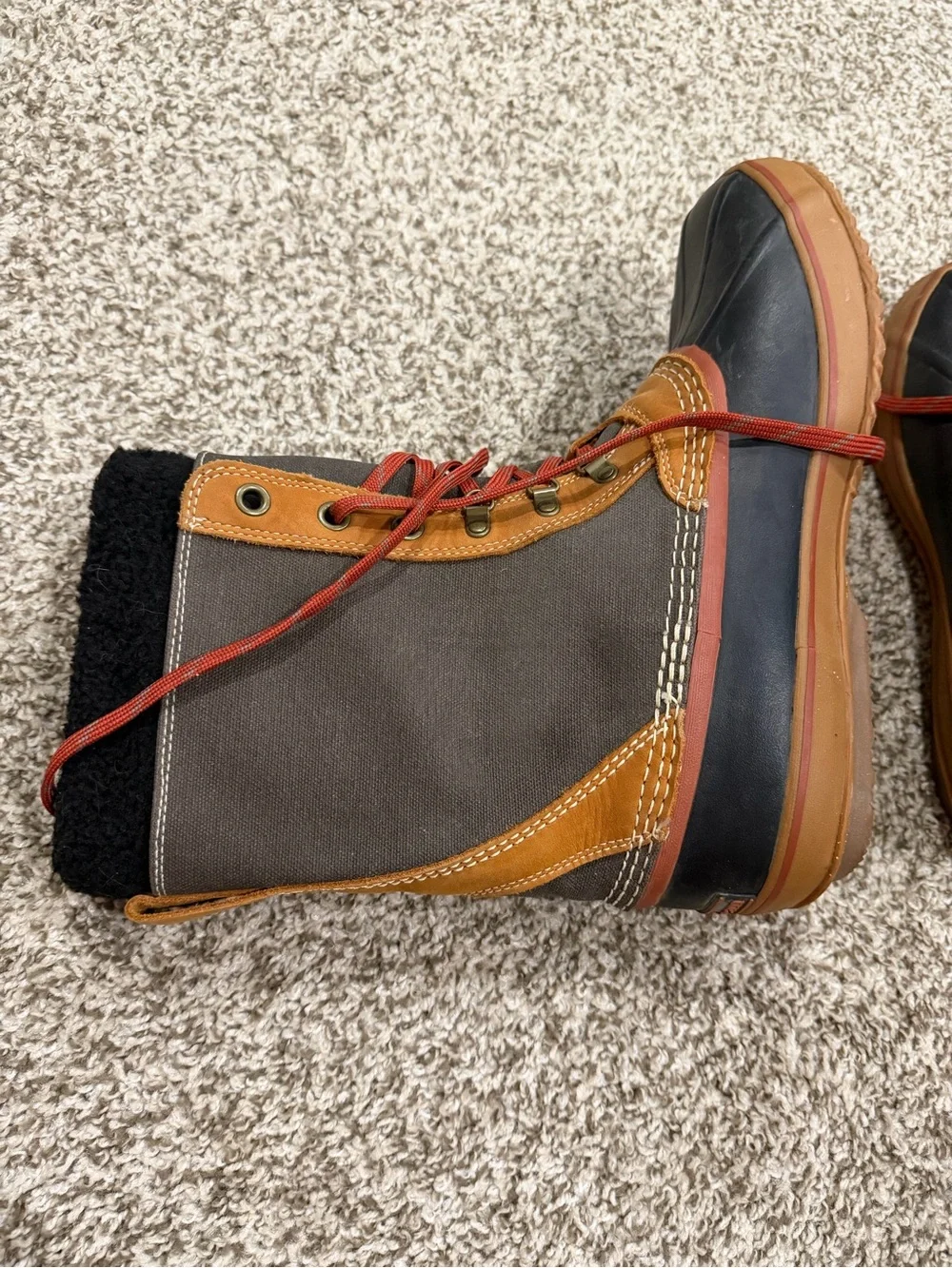 L.L. Bean Kids Waterproof Duck Boots in Gray, Tan & Black with Red Laces